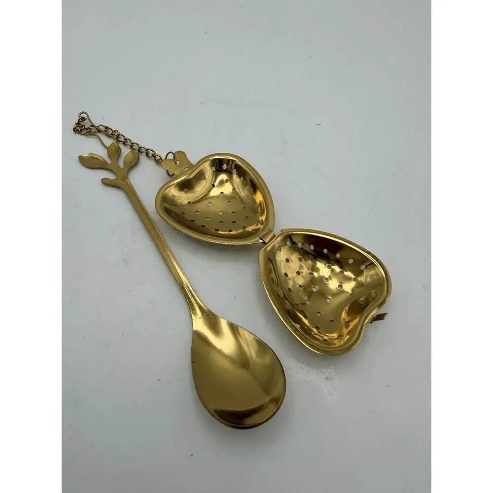 Heart Shaped Tea Infuser With Leaf Handle Spoon, Gold, New
